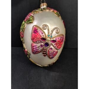 Stunning Vintage Hand Blown Ornate‎ Butterfly Floral Egg Christmas Tree Ornament